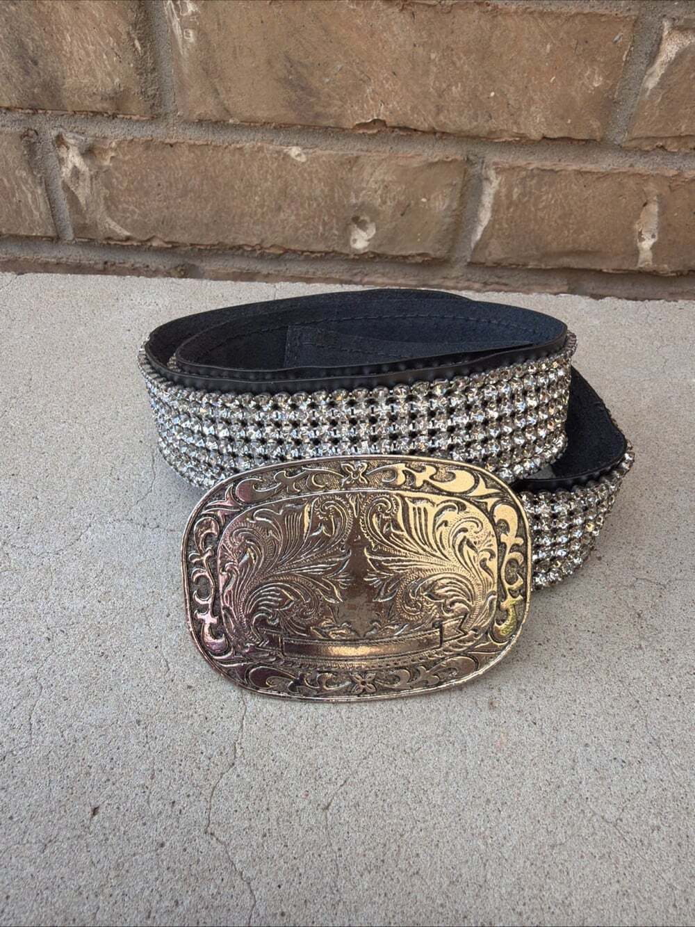Streets Ahead Black Leather Swarovski Crystal Belt Embossed Silver Buckle USA M
